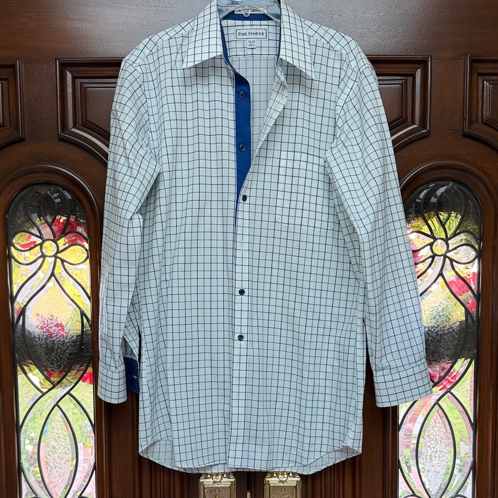New Paul Frederick Long Sleeve Button Down Shirt in Green, Blue, White Plaid